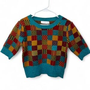 NWT Knit Mix Multicolored Checkered Short Sleeve Cropped Sweater Large Soft